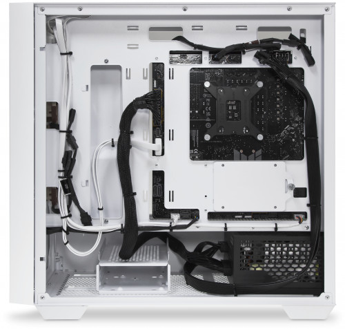 Solid panel removed to show underneath motherboard connections